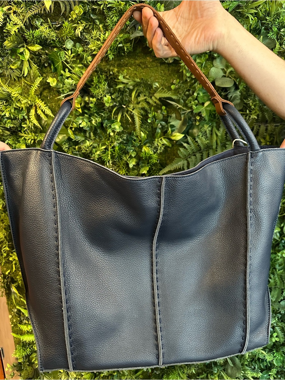 The Sak los Feliz Large Tote Navy Leather Tote with Brown leather Handles